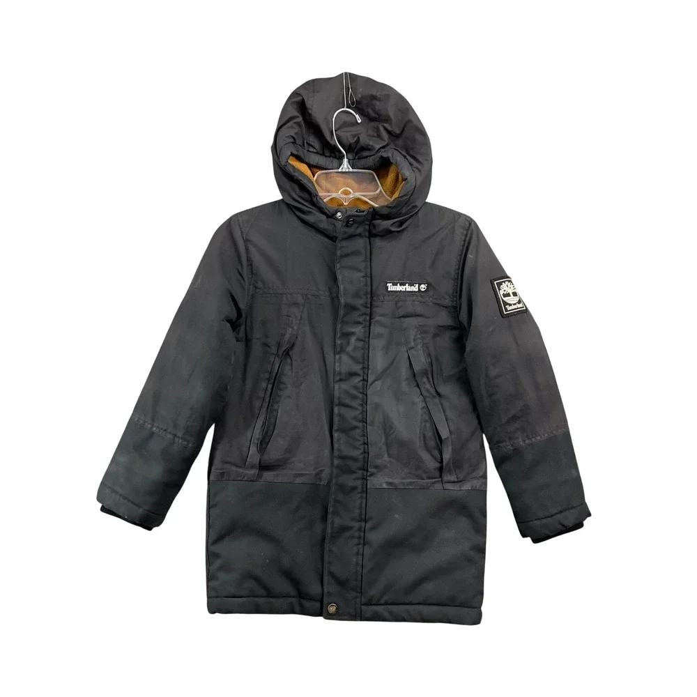 Timberland Hooded Parka Jacket Boys Size S 7/8 Black Insulated Fleece Lined Coat